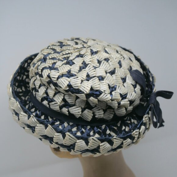 vtg MR JOHN Classic Blue White Raffia Woven Upturn Brim Mod Derby Church Hat EUC main image 6